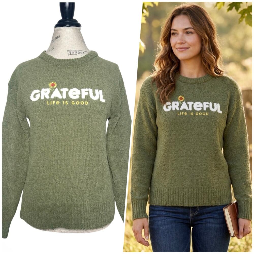 Life Is Good | Women | Mint Green Grateful Sunflower Chenille Knit Sweater | XS